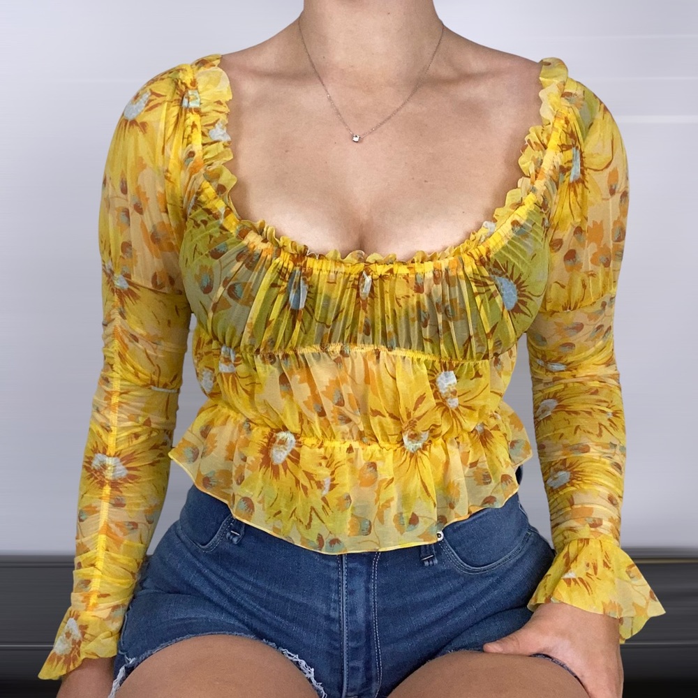 URBAN OUTFITTERS Isla Sheer Off The Shoulder Floral Long Sleeve Top‎